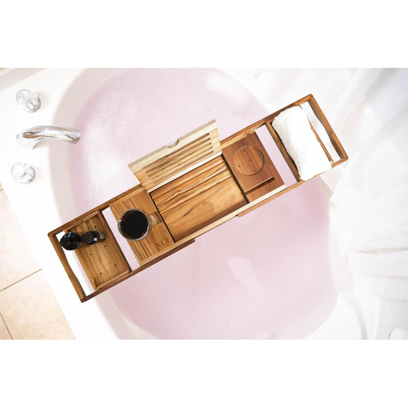 Loon Peak® Teak Bathtub Tray Expandable To 105Cm With Solid Book Stand ...